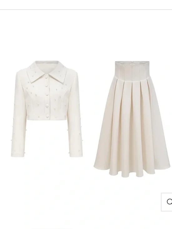 Cream Two-Piece Pleated Skirt with Jacket - Picture 5 of 9